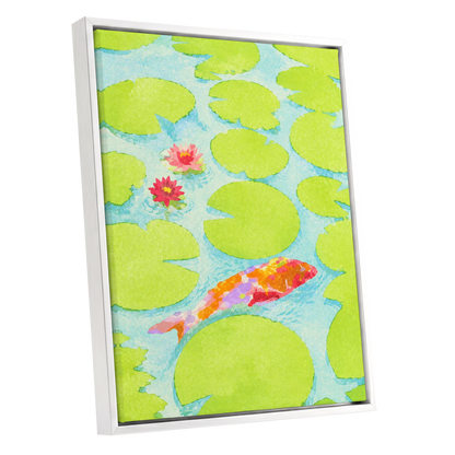 Lime Lagoon Koi, green, blue, orange nature wall art shown as a white framed canvas wall art