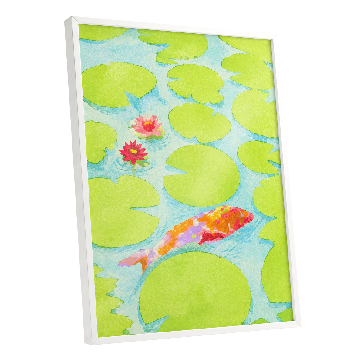 Lime Lagoon Koi, green, blue, orange nature wall art shown as a white framed poster wall art print