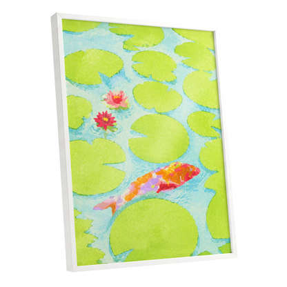 Lime Lagoon Koi, green, blue, orange nature wall art shown as a white framed poster wall art print