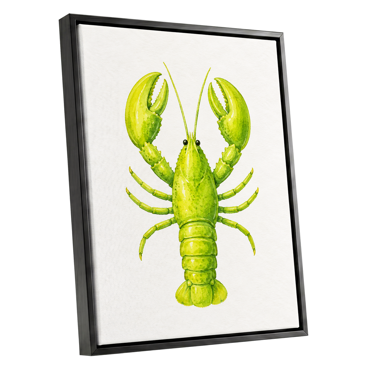 Lime Lobster, green, yellow, white nature wall art shown as a black framed canvas wall art