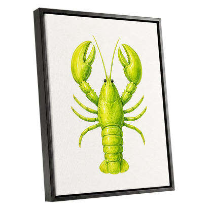 Lime Lobster, green, yellow, white nature wall art shown as a black framed canvas wall art