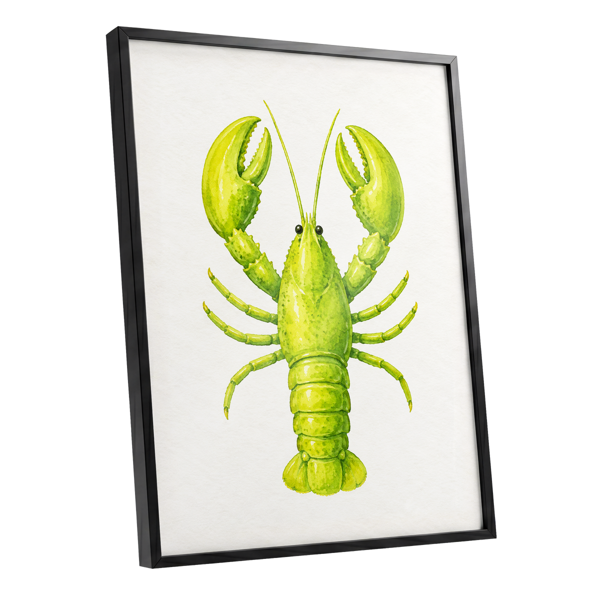 Lime Lobster, green, yellow, white nature wall art shown as a black framed poster wall art print