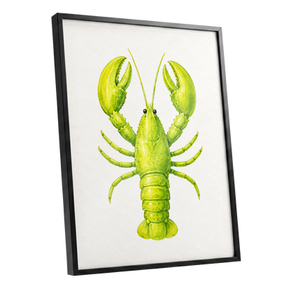 Lime Lobster, green, yellow, white nature wall art shown as a black framed poster wall art print
