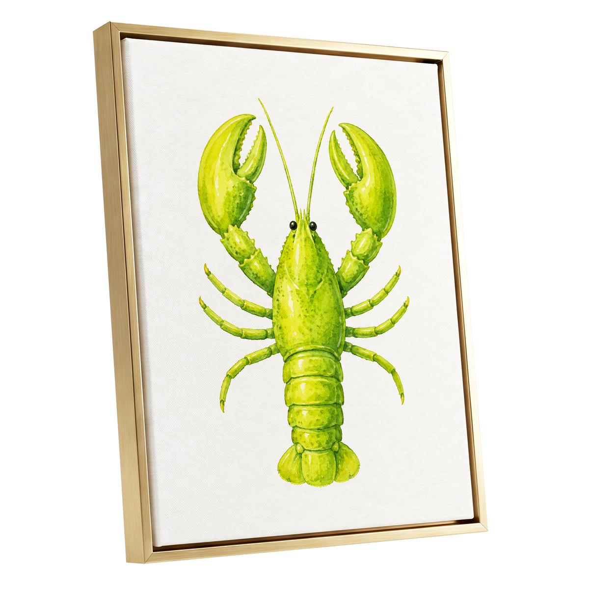 Lime Lobster, green, yellow, white nature wall art shown as a gold framed canvas wall art