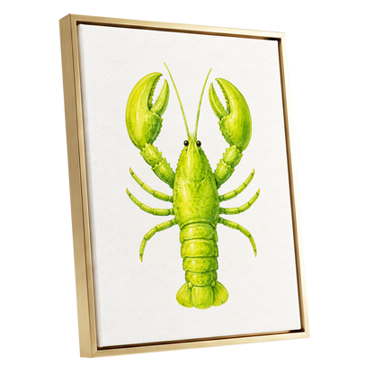 Lime Lobster, green, yellow, white nature wall art shown as a gold framed canvas wall art