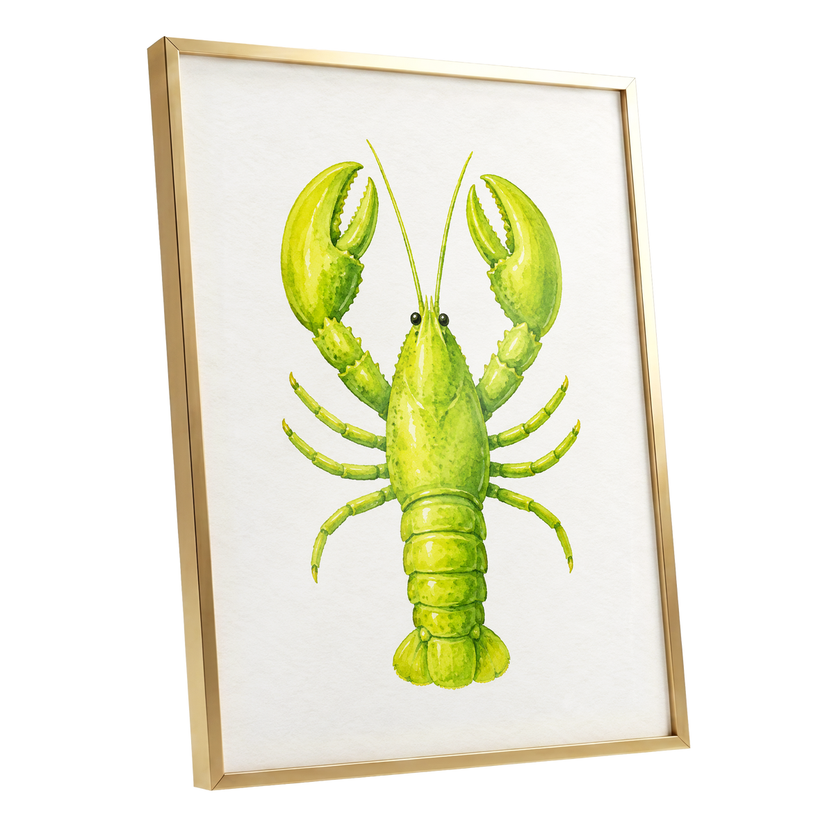 Lime Lobster, green, yellow, white nature wall art shown as a gold framed poster wall art print