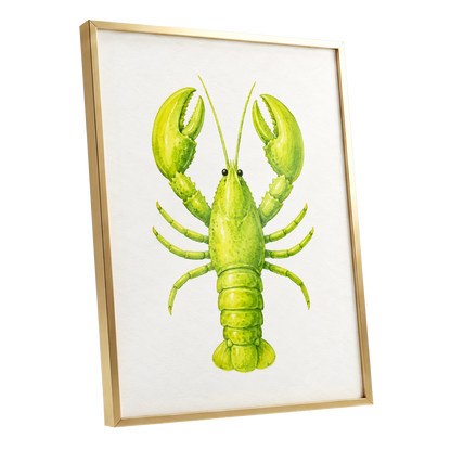 Lime Lobster, green, yellow, white nature wall art shown as a gold framed poster wall art print
