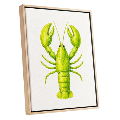 Lime Lobster, green, yellow, white nature wall art shown as a oak framed canvas wall art