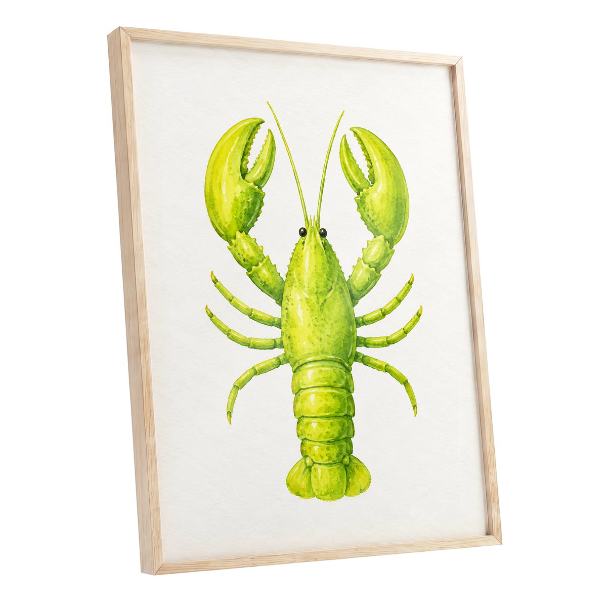 Lime Lobster, green, yellow, white nature wall art shown as a oak framed poster wall art print