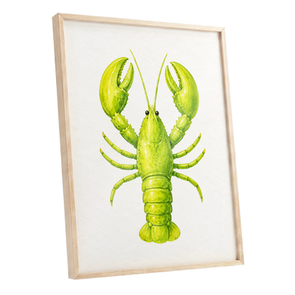 Lime Lobster, green, yellow, white nature wall art shown as a oak framed poster wall art print