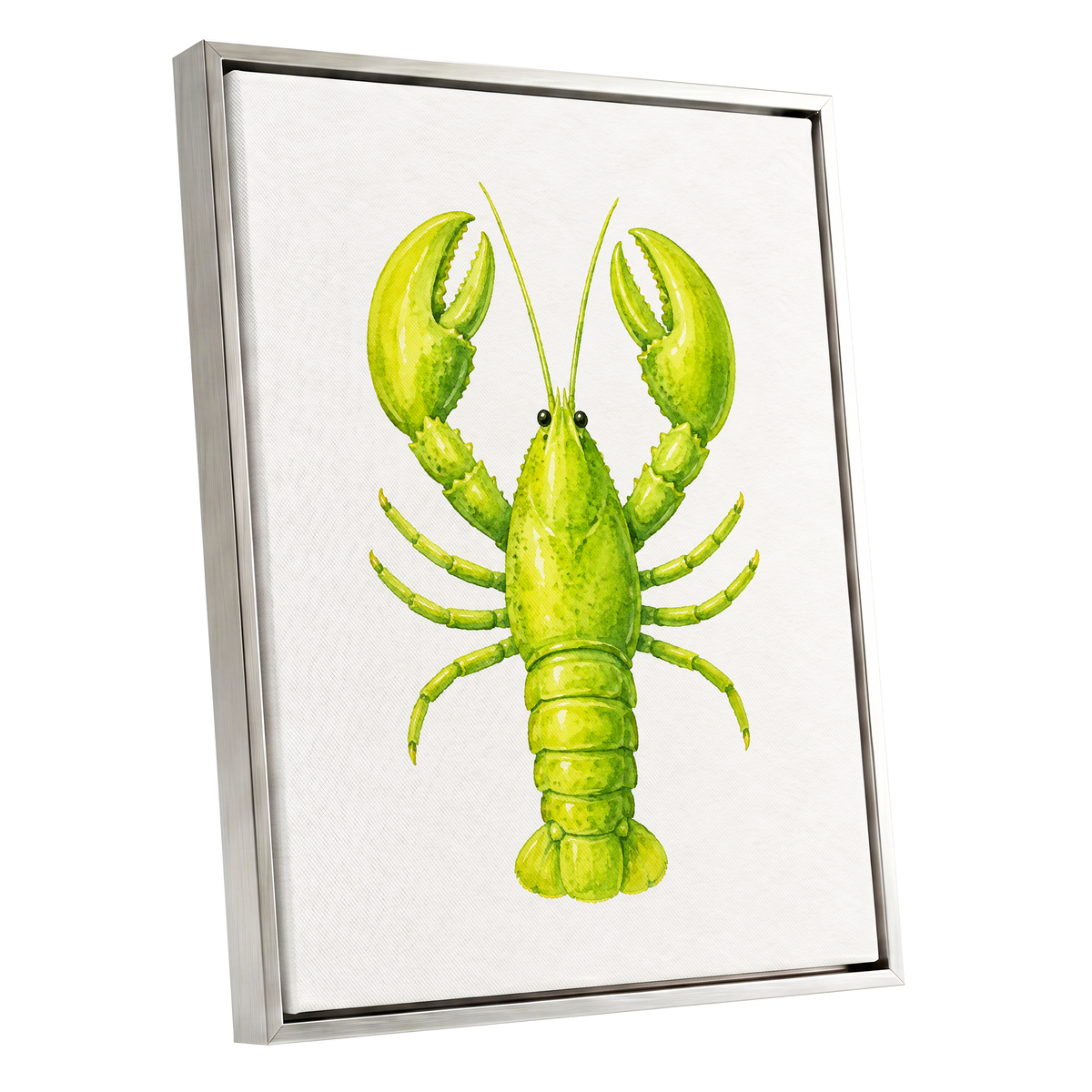 Lime Lobster, green, yellow, white nature wall art shown as a silver framed canvas wall art