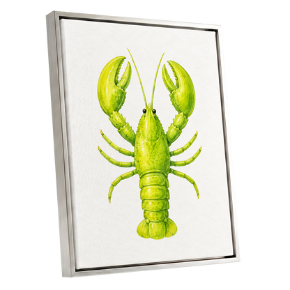 Lime Lobster, green, yellow, white nature wall art shown as a silver framed canvas wall art