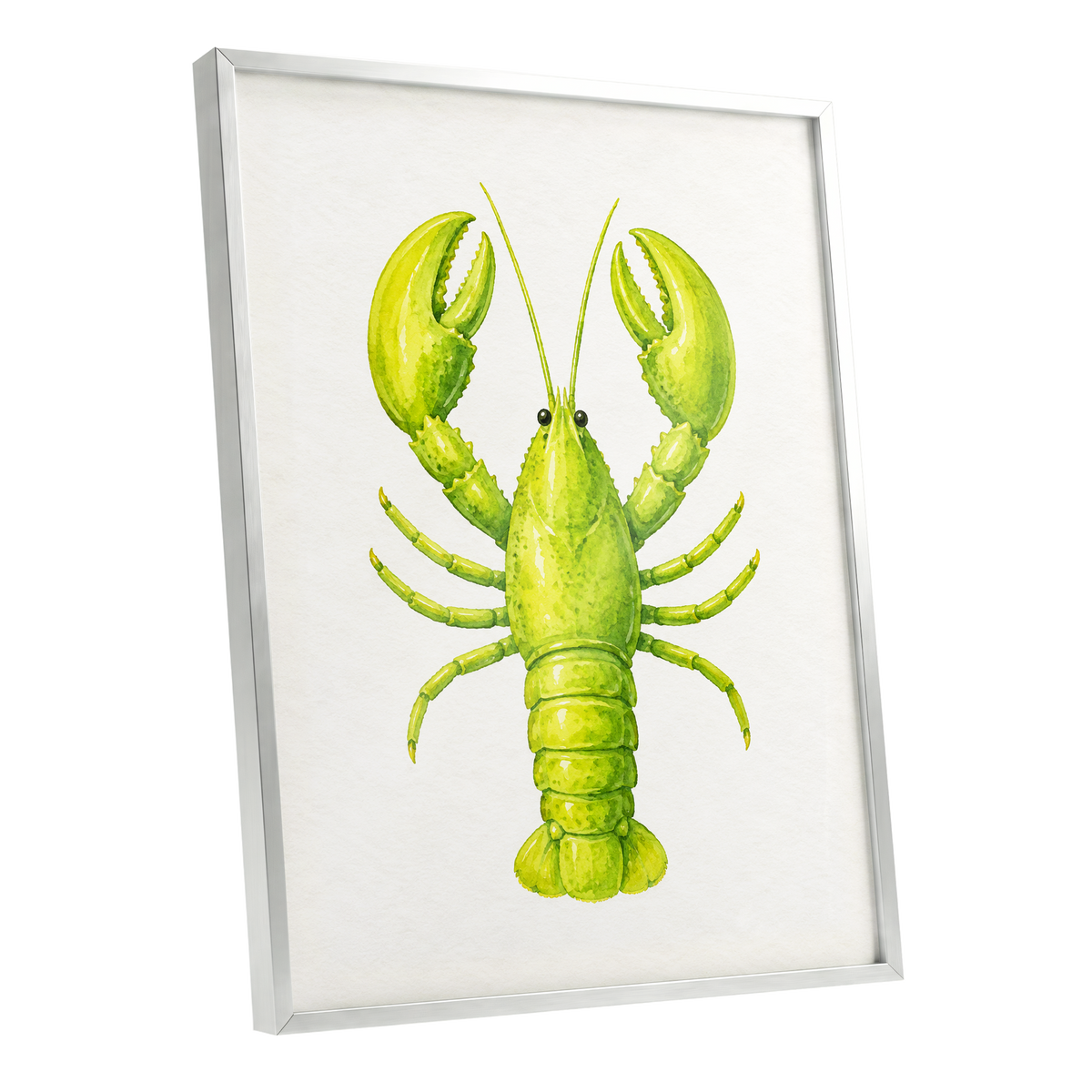Lime Lobster, green, yellow, white nature wall art shown as a silver framed poster wall art print