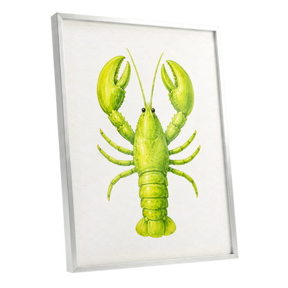 Lime Lobster, green, yellow, white nature wall art shown as a silver framed poster wall art print