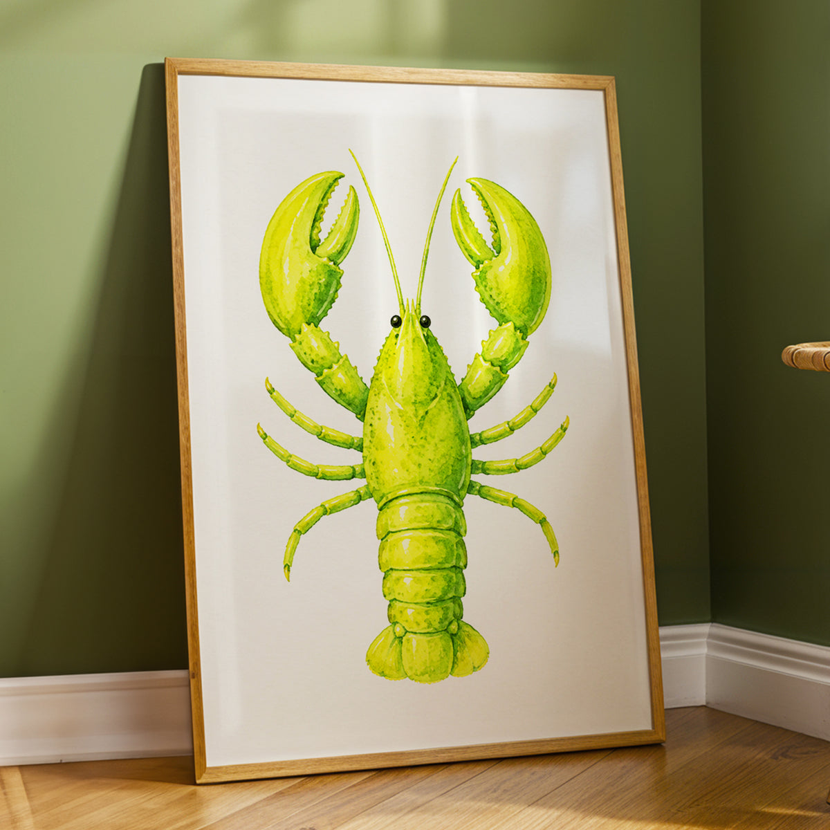 Lime Lobster, green, yellow, white nature wall art displayed in a styled interior, gallery view 2