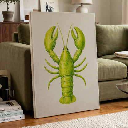 Lime Lobster, green, yellow, white nature wall art displayed in a styled interior, gallery view 3