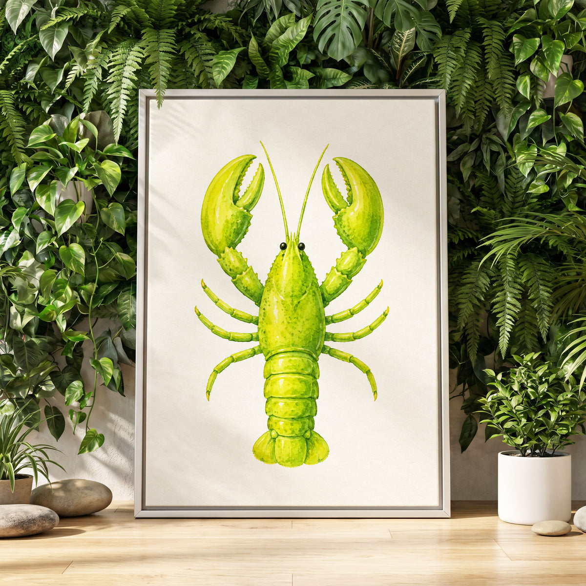 Lime Lobster, green, yellow, white nature wall art displayed in a styled interior, gallery view 4