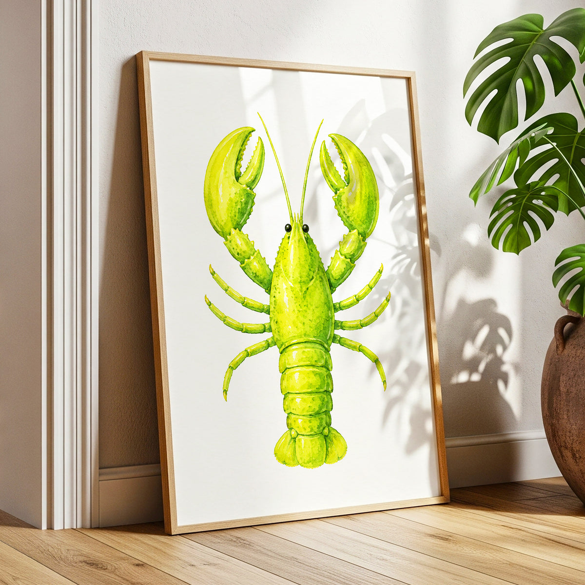 Lime Lobster, green, yellow, white nature wall art displayed in a styled interior, gallery view 6