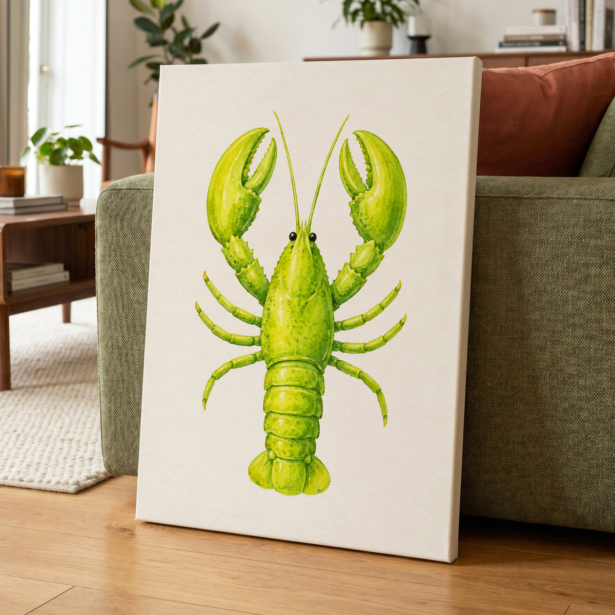 Lime Lobster, green, yellow, white nature wall art displayed in a styled interior, gallery view 7