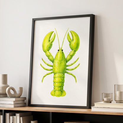 Lime Lobster, green, yellow, white nature wall art displayed in a styled interior, gallery view 9
