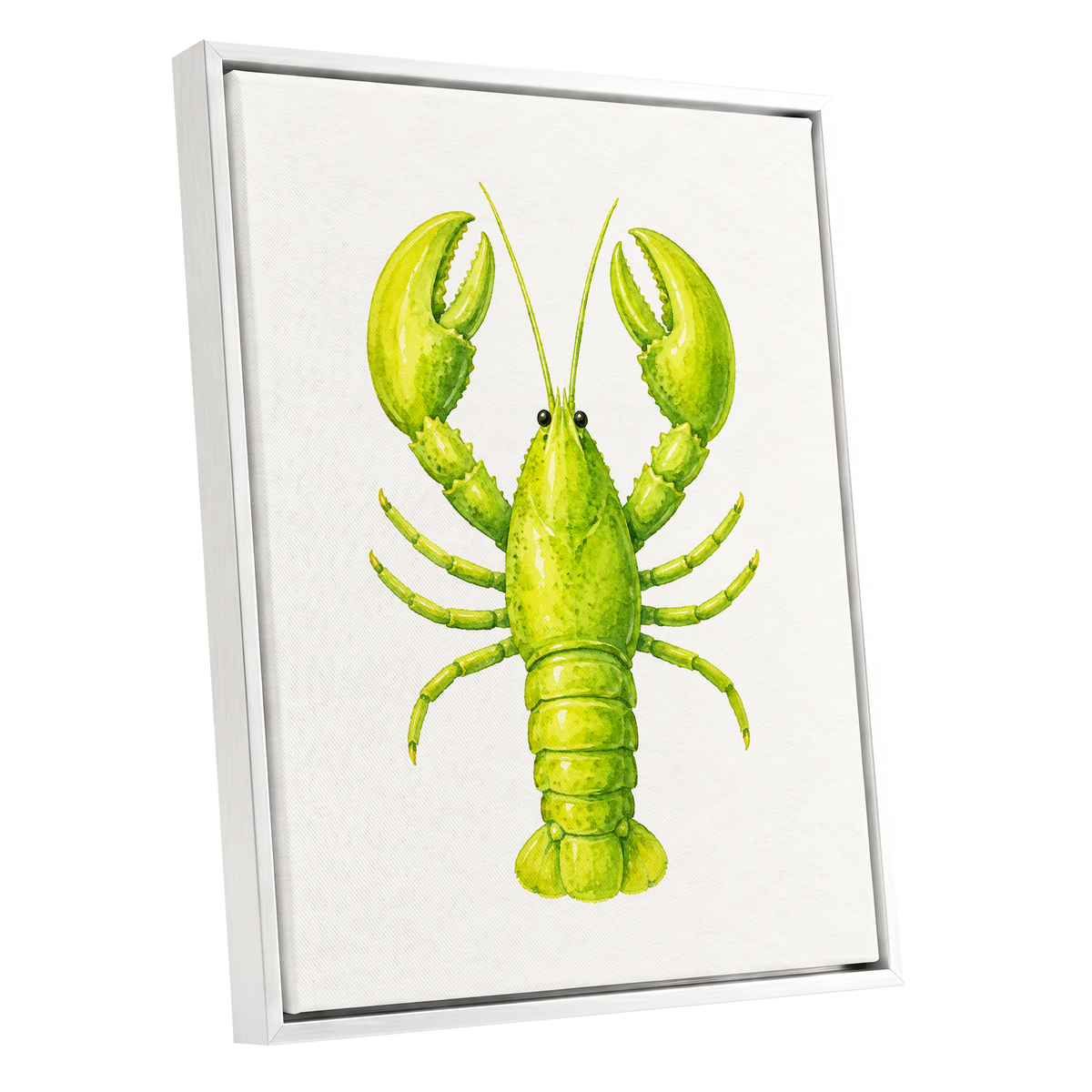 Lime Lobster, green, yellow, white nature wall art shown as a white framed canvas wall art