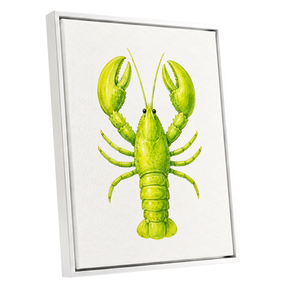 Lime Lobster, green, yellow, white nature wall art shown as a white framed canvas wall art
