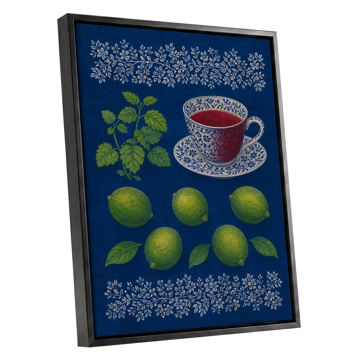Lime & Porcelain, blue, green, beige nature wall art shown as a black framed canvas wall art