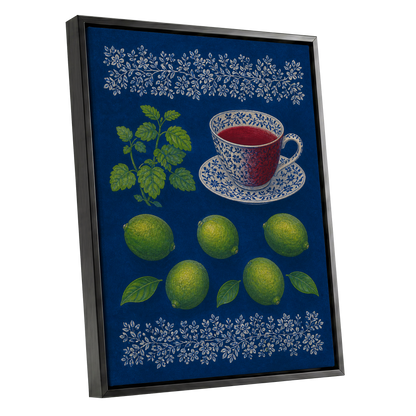 Lime & Porcelain, blue, green, beige nature wall art shown as a black framed canvas wall art
