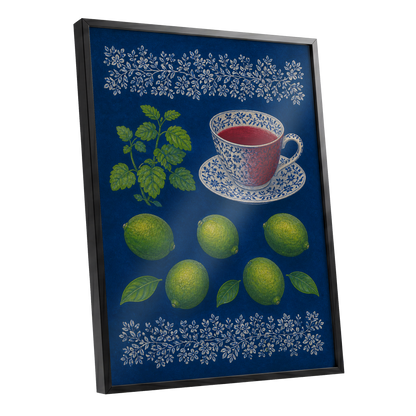 Lime & Porcelain, blue, green, beige nature wall art shown as a black framed poster wall art print