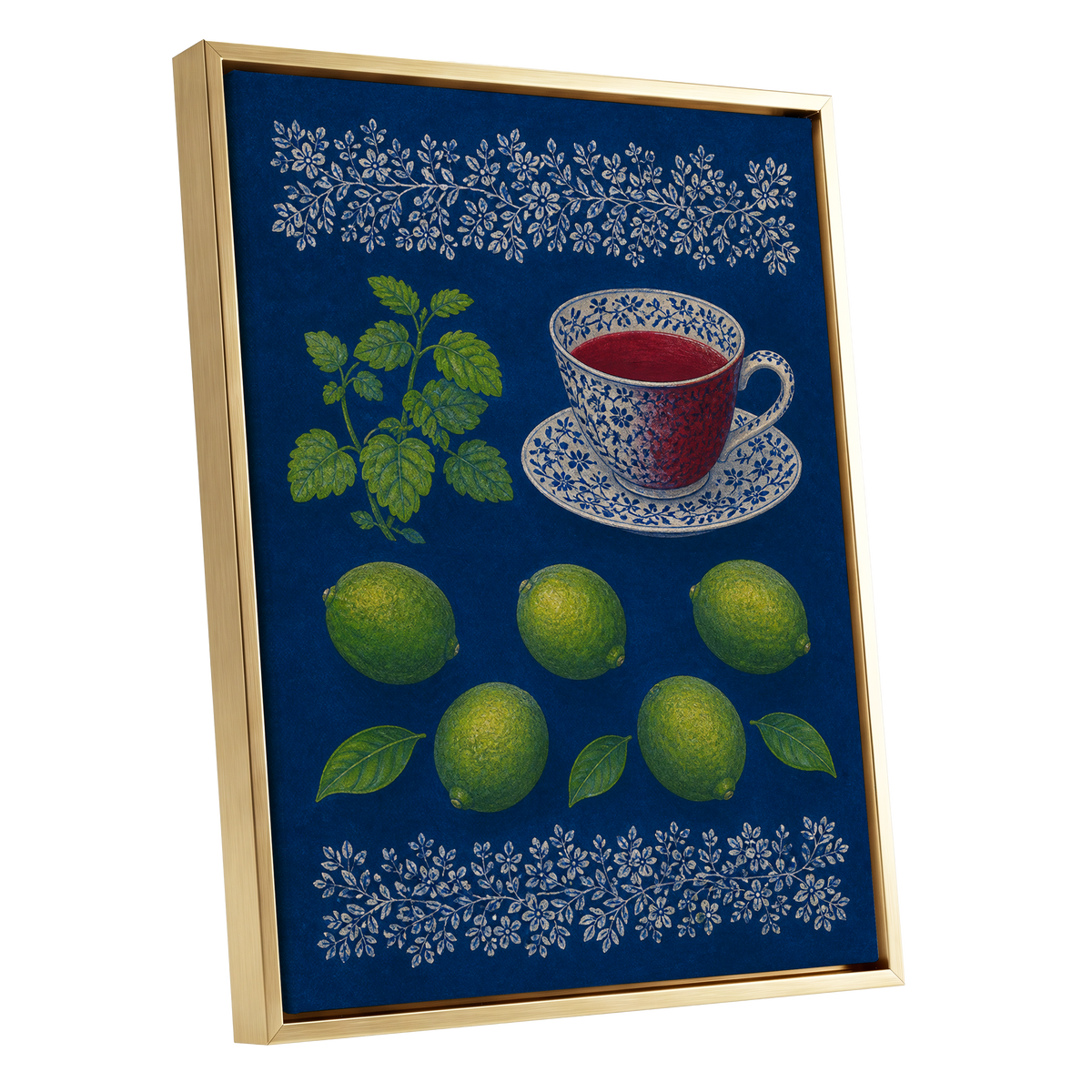 Lime & Porcelain, blue, green, beige nature wall art shown as a gold framed canvas wall art