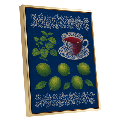 Lime & Porcelain, blue, green, beige nature wall art shown as a gold framed canvas wall art