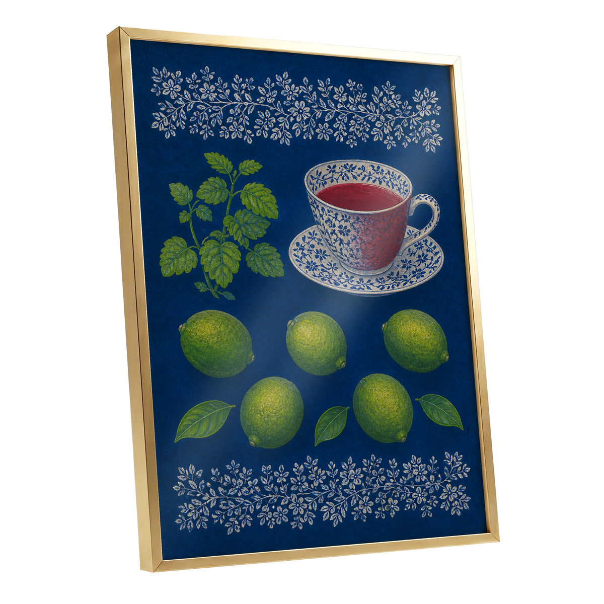Lime & Porcelain, blue, green, beige nature wall art shown as a gold framed poster wall art print