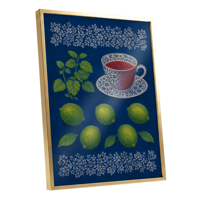 Lime & Porcelain, blue, green, beige nature wall art shown as a gold framed poster wall art print