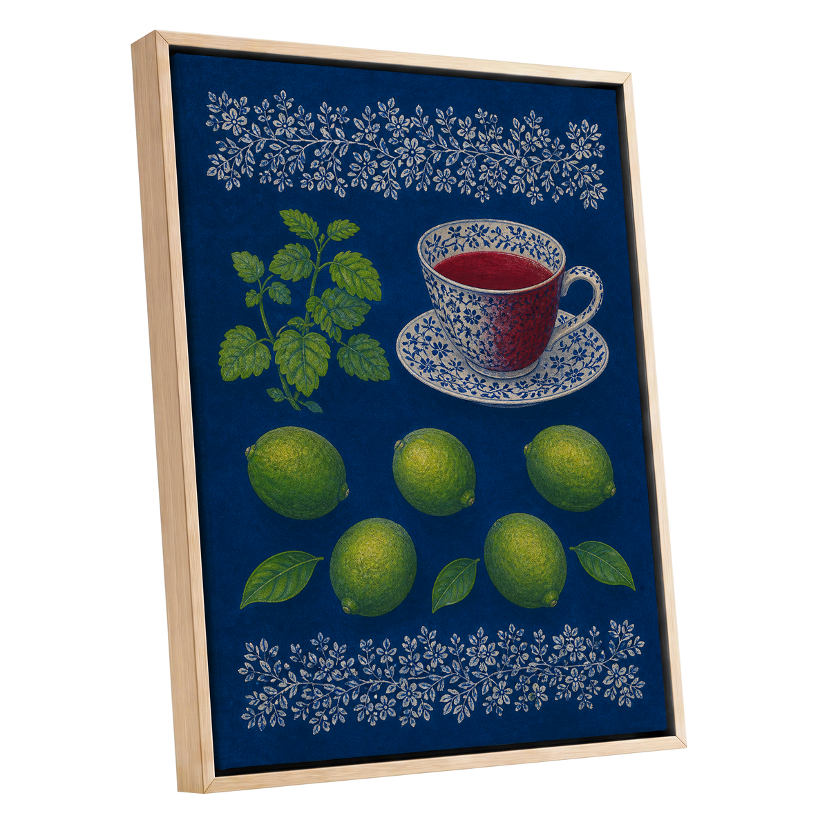 Lime & Porcelain, blue, green, beige nature wall art shown as a oak framed canvas wall art