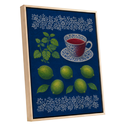 Lime & Porcelain, blue, green, beige nature wall art shown as a oak framed canvas wall art