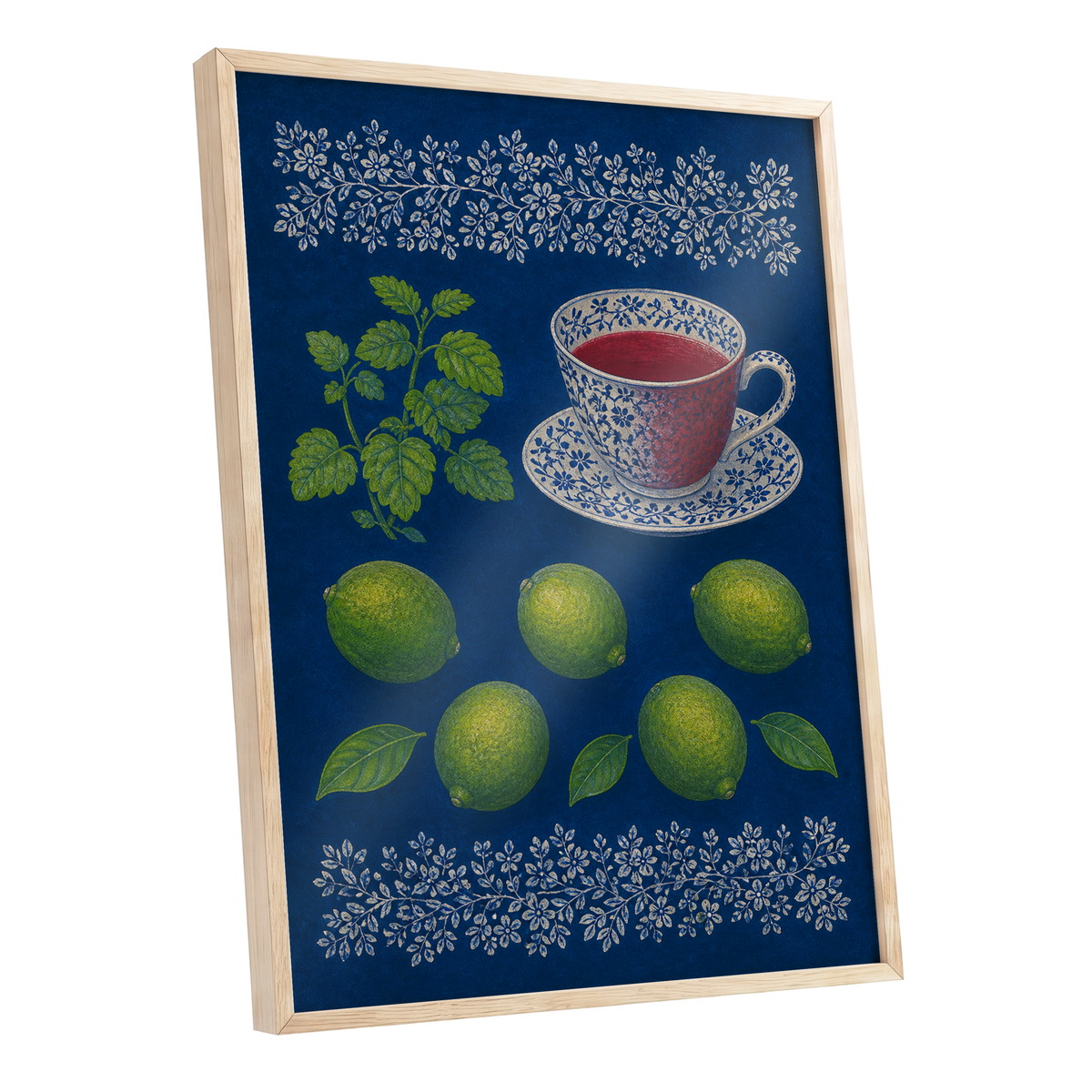 Lime & Porcelain, blue, green, beige nature wall art shown as a oak framed poster wall art print