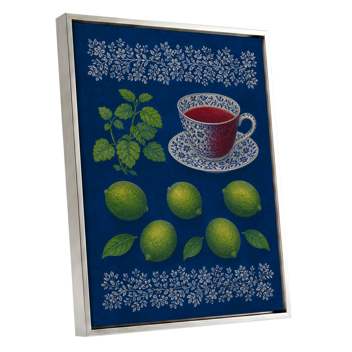 Lime & Porcelain, blue, green, beige nature wall art shown as a silver framed canvas wall art