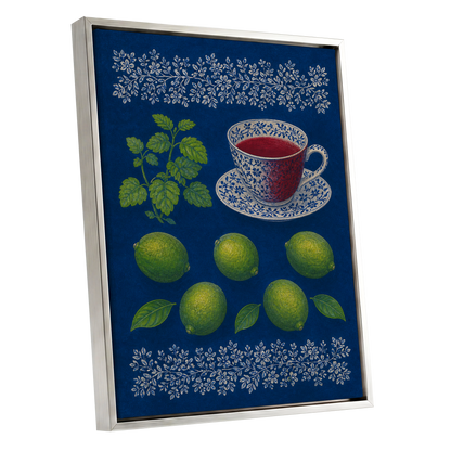 Lime & Porcelain, blue, green, beige nature wall art shown as a silver framed canvas wall art