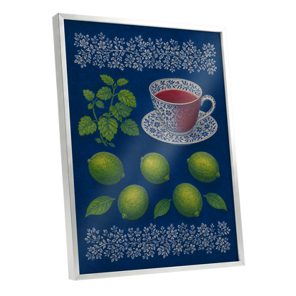 Lime & Porcelain, blue, green, beige nature wall art shown as a silver framed poster wall art print