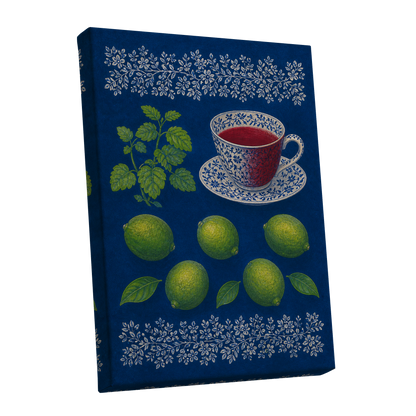 Lime & Porcelain, blue, green, beige nature wall art shown as a stretched canvas wall art