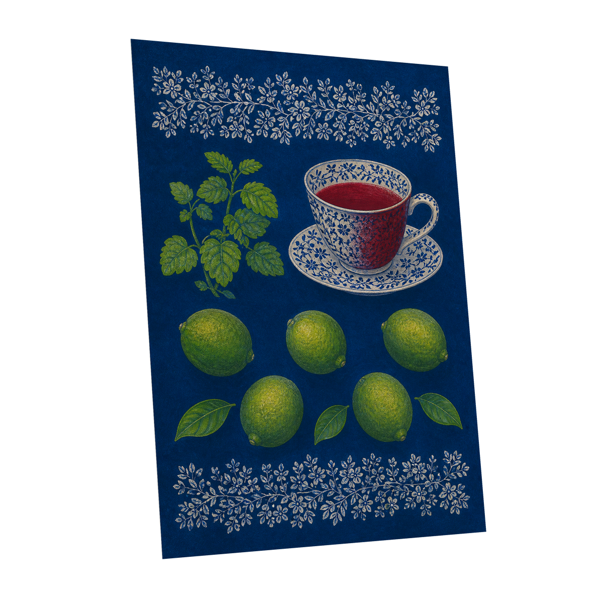 Lime & Porcelain, blue, green, beige nature wall art shown as a unframed poster wall art print