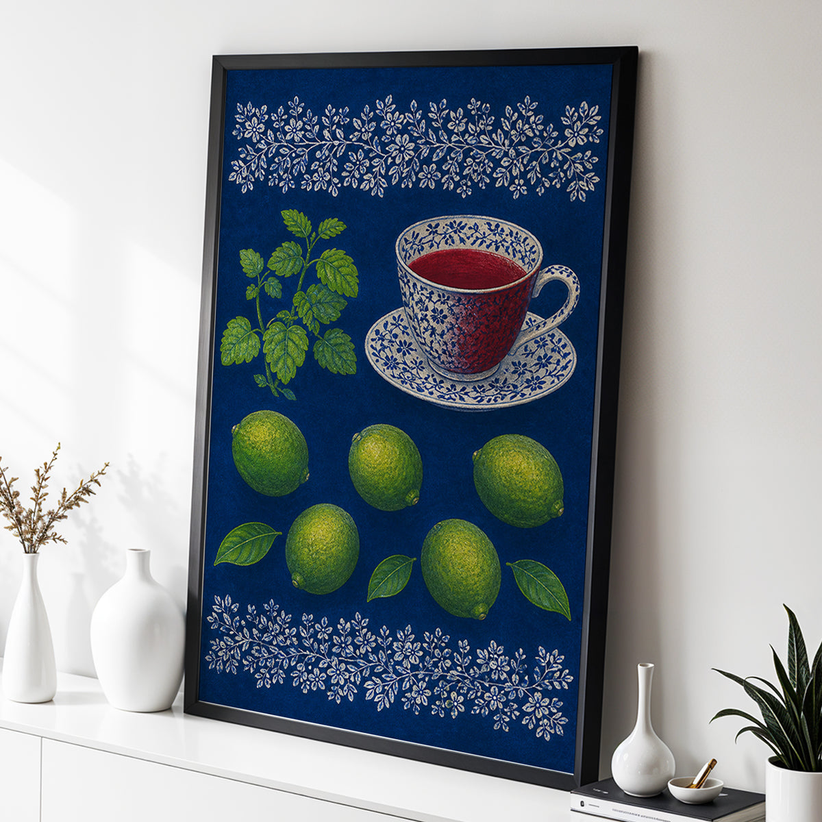 Lime & Porcelain, blue, green, beige nature wall art displayed in a styled interior, gallery view 2