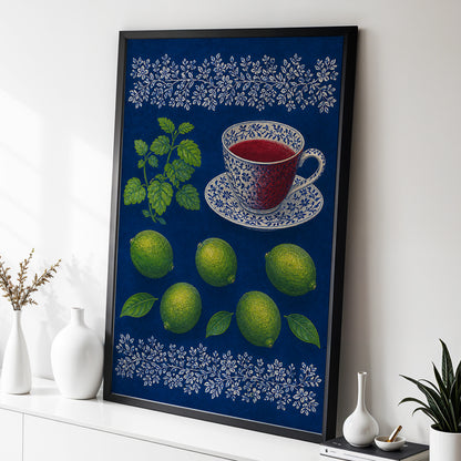 Lime & Porcelain, blue, green, beige nature wall art displayed in a styled interior, gallery view 2