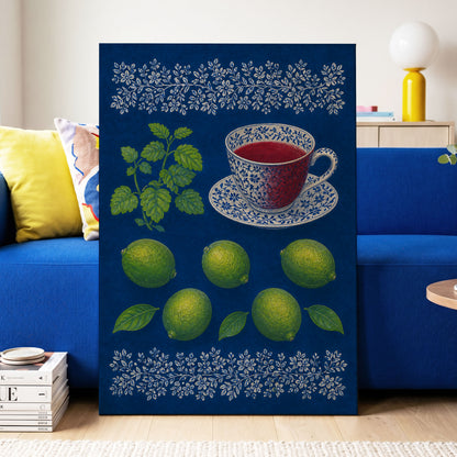 Lime & Porcelain, blue, green, beige nature wall art displayed in a styled interior, gallery view 3