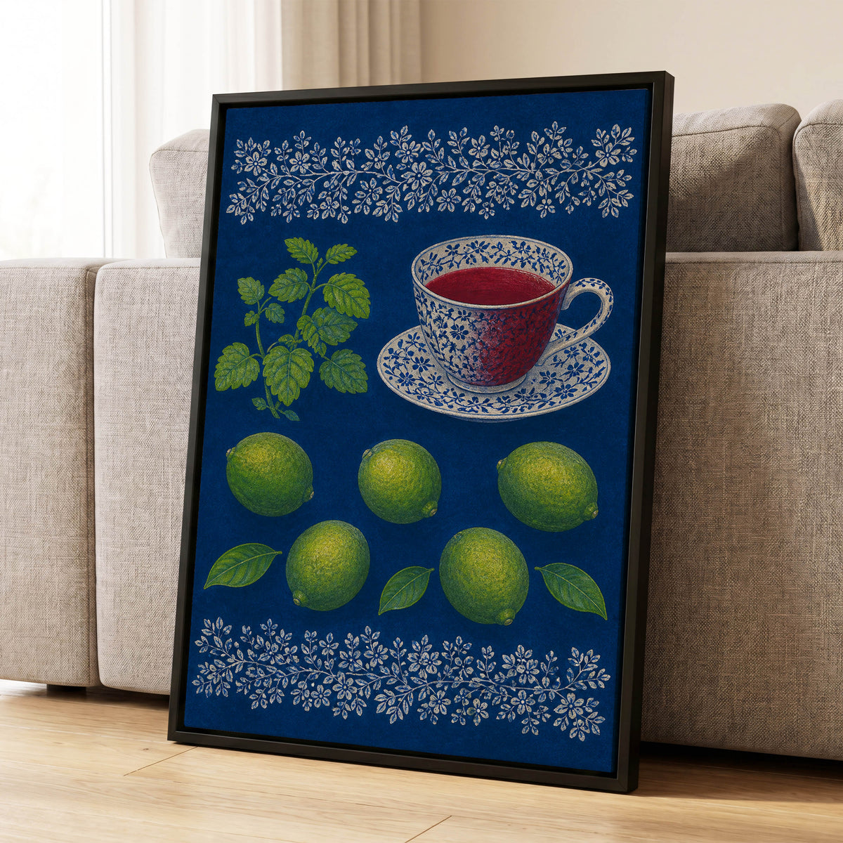Lime & Porcelain, blue, green, beige nature wall art displayed in a styled interior, gallery view 4