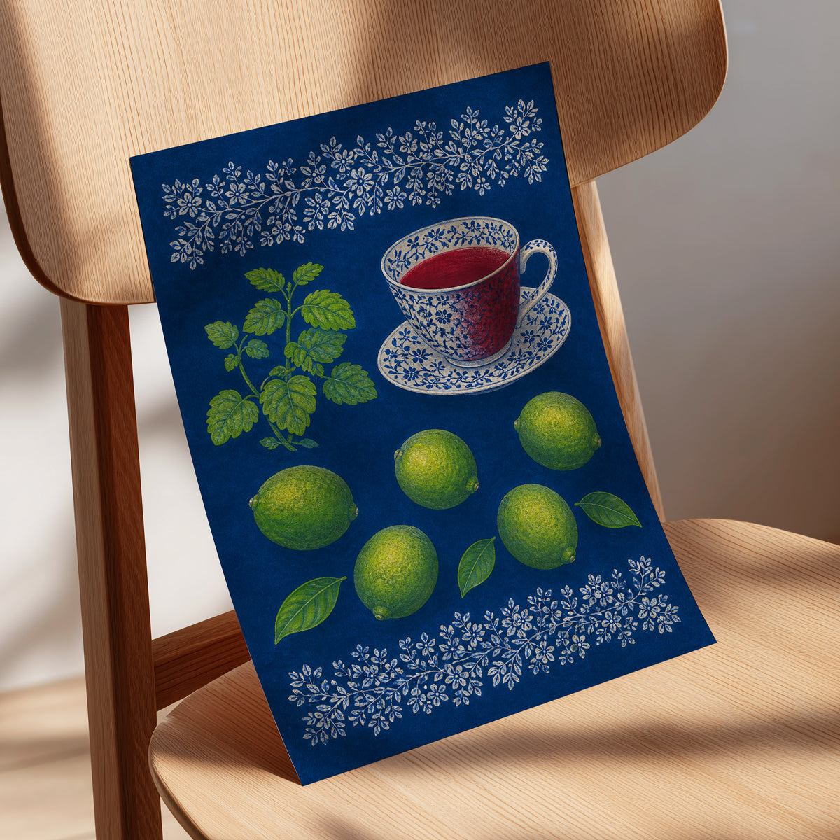 Lime & Porcelain, blue, green, beige nature wall art displayed in a styled interior, gallery view 5