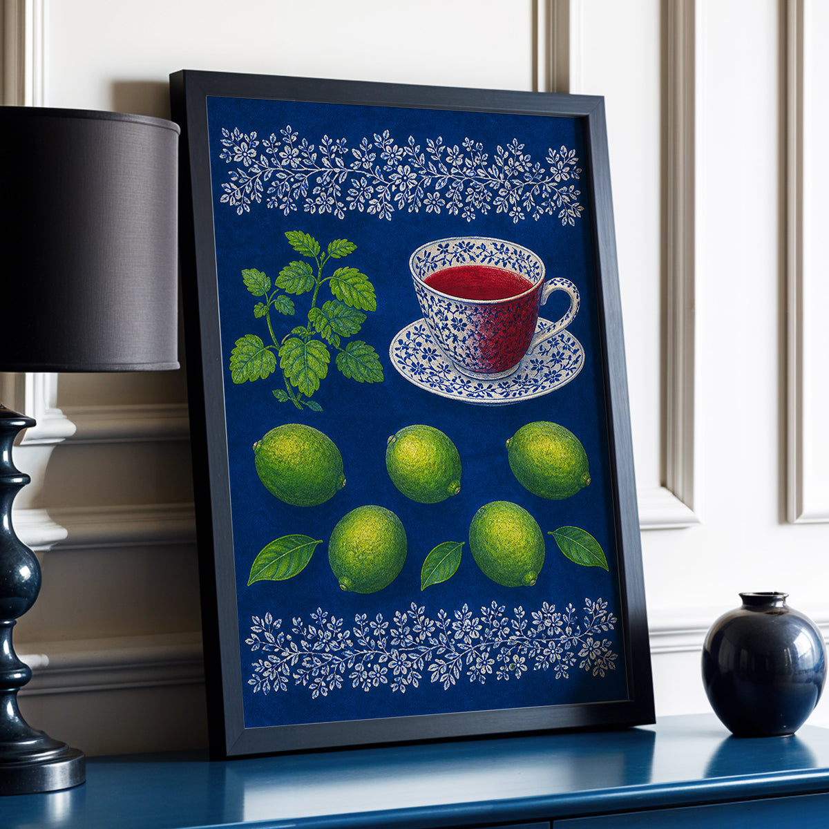 Lime & Porcelain, blue, green, beige nature wall art displayed in a styled interior, gallery view 6