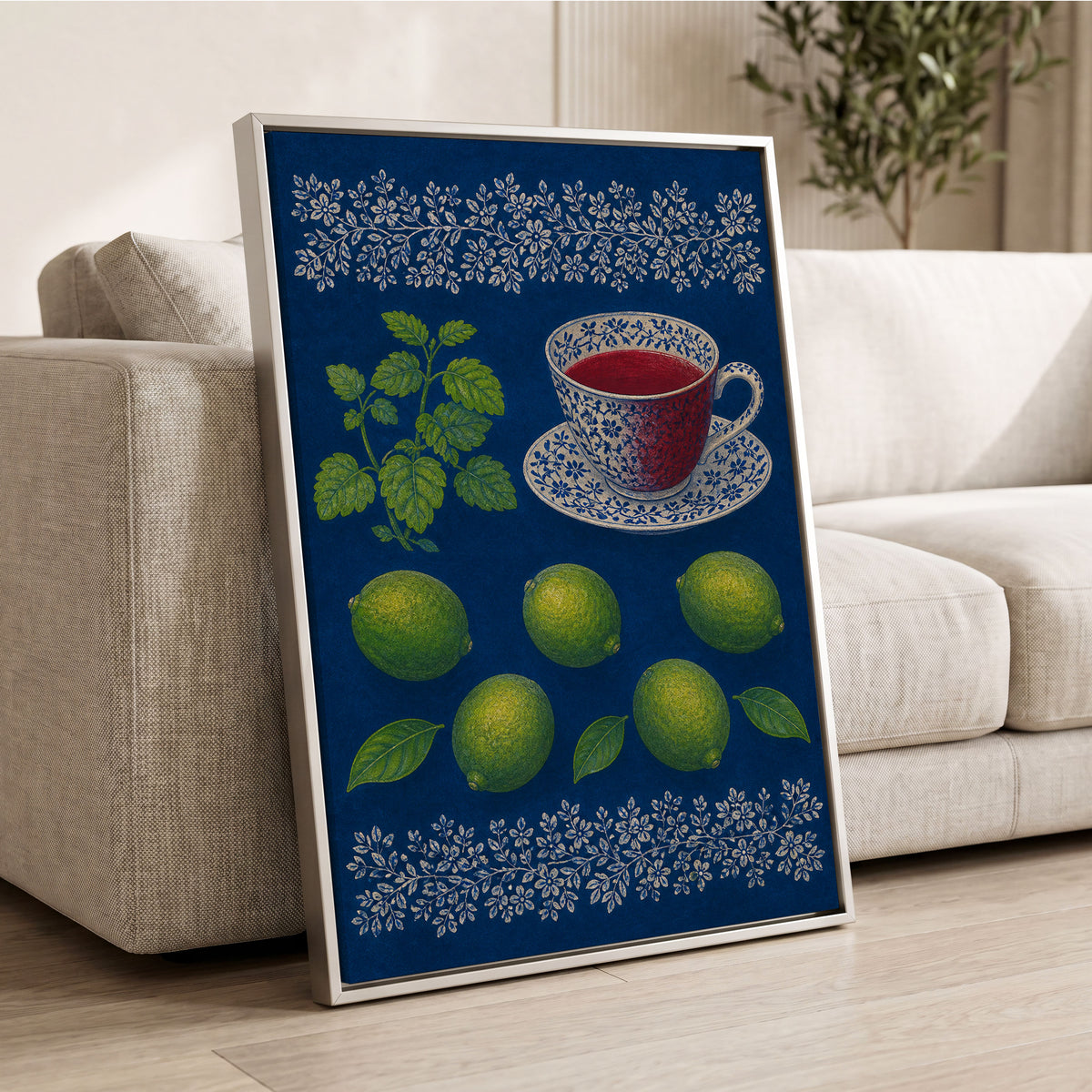 Lime & Porcelain, blue, green, beige nature wall art displayed in a styled interior, gallery view 8