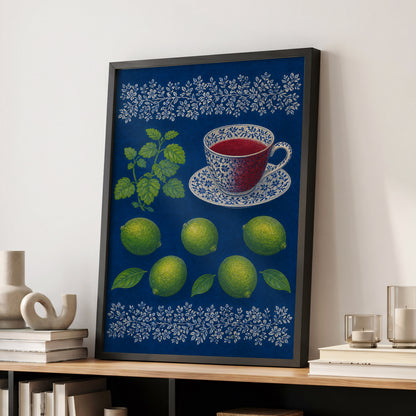 Lime & Porcelain, blue, green, beige nature wall art displayed in a styled interior, gallery view 9