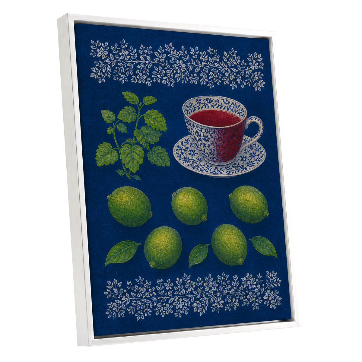 Lime & Porcelain, blue, green, beige nature wall art shown as a white framed canvas wall art